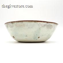 White ceramic bowl with brown rim on a white background