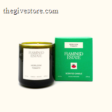 Flamingo Estate Heirloom Tomato scented candle with packaging on a white background
