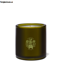Green candle in a glass jar with a logo on a white background