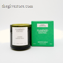 Flamingo Estate Jasmine Damask Rose scented candle and packaging on a white background