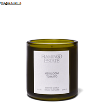 Green candle with a white label on a white background